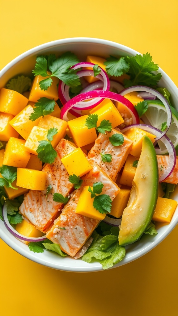 A colorful tropical salad with salmon, mango, avocado, and mixed greens, garnished with cilantro and red onion.